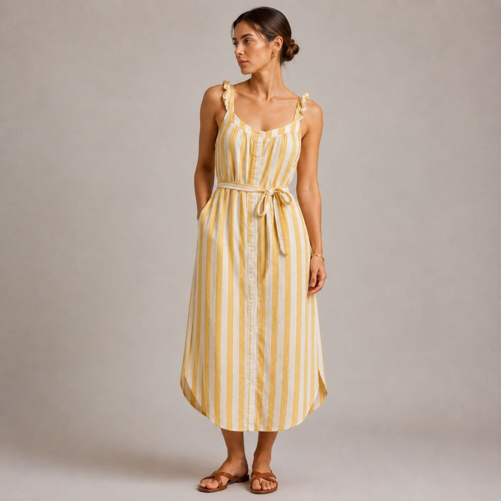Trovata Birds Of Paradise 100% Linen Midi Dress XS Yellow Striped Beach Resort